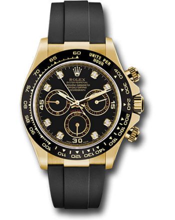 Rolex Yellow Gold Cosmograph Daytona 40 Watch - Black Diamond Dial - Black Oysterflex Strap - 116518LN bkdof